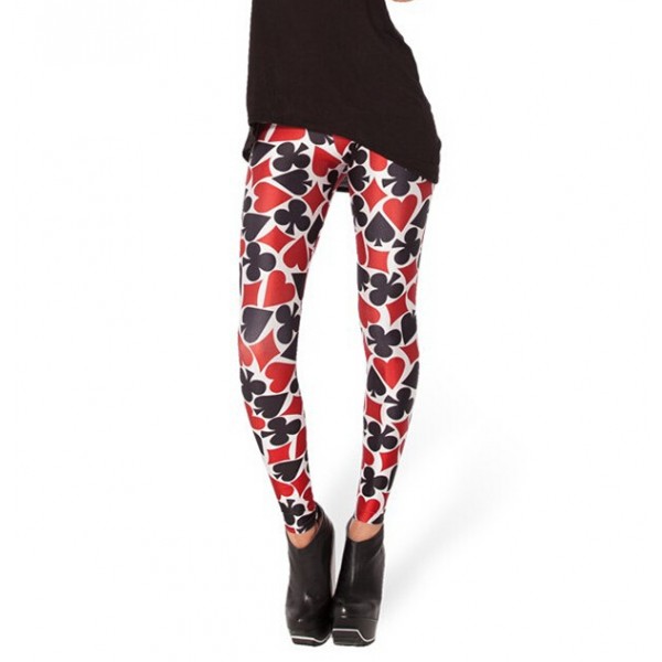 Black Red Deck of Cards Print Yoga Fitness Leggings Tights Pants