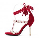 Red Black Suede Straps Giant White Pearls High Stiletto Heels Sandals Shoes