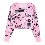Pink Geometric Lazy Cartoon Cropped Long Sleeve Sweatshirts Tops