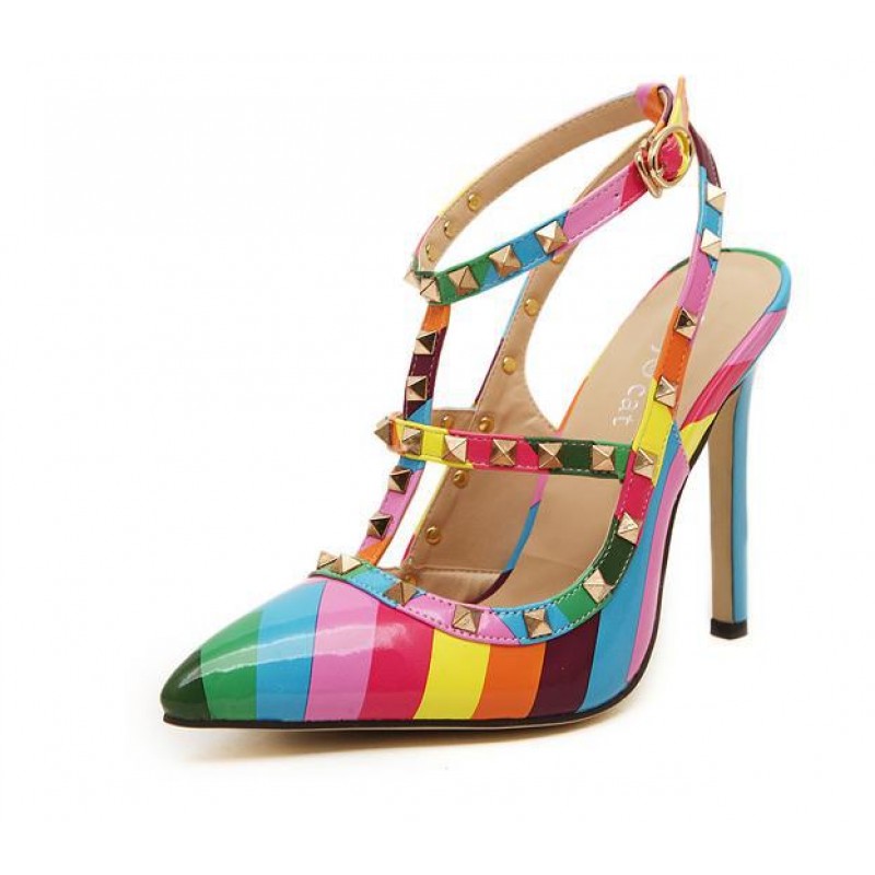 US4-10 Women Rainbow Color Studs T Strappy Stilettos Pumps Shoes Slingback Ths01