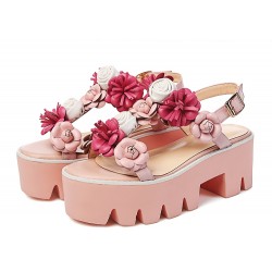 Pink Roses Flowers Floral T Straps Sling Back Platforms Fancy Sandals Shoes