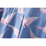 Blue Pink Flying Birds Vintage Retro Pattern Long Sleeves Blouse Shirt