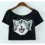 Black Cute Cat College Cropped Short Sleeves T Shirt Top 