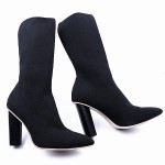Black Stretchy Knit Socks Point Head Head High Heels Mid Calf Boots Shoes