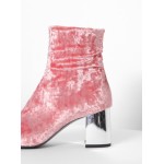 Pink Velvet Suede Blunt Head Silver High Heels Ankle Boots Shoes