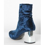 Blue Navy Velvet Suede Blunt Head Silver High Heels Ankle Boots Shoes