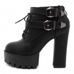 Black Buckles Ankle Platforms Cleated Sole High Heels Boots Shoes