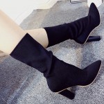 Black Stretchy Knit Socks Point Head Head High Heels Mid Calf Boots Shoes