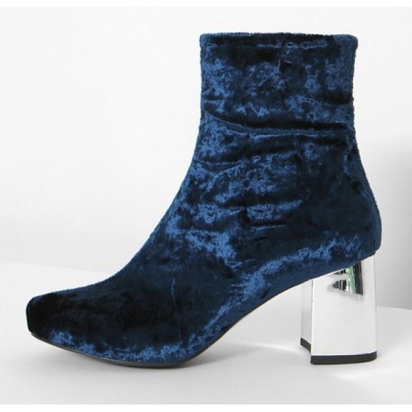 Blue Navy Velvet Suede Blunt Head Silver High Heels Ankle Boots Shoes