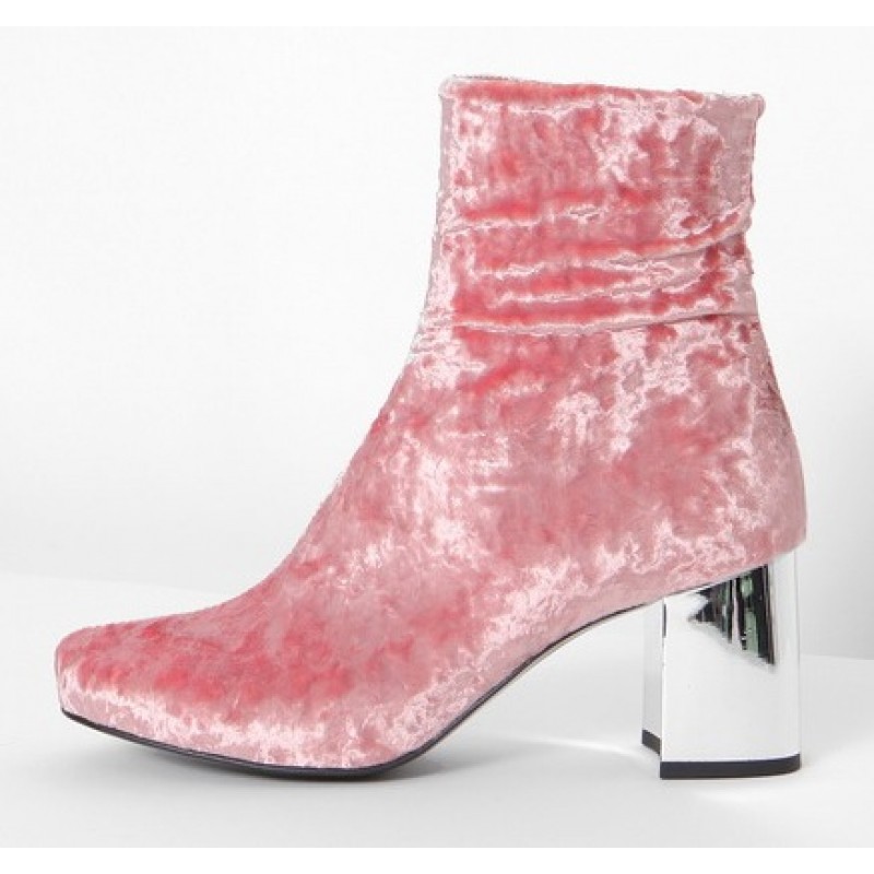Postman Arena pink Pink Velvet Suede Blunt Head Silver High Heels Ankle Boots Shoes