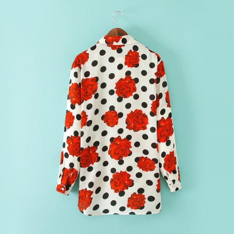 vntgfiesta Vintage Red Black Polka Dot Blouse Top Shirt for Women Long Sleeves Handmade, Size S