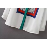 Green White Vintage Totem Retro Pattern Silky Chiffon Long Sleeves Blouse Shirt