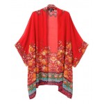 Red Florals Vintage Oriental Retro Chiffon Kimono Cardigan Outer Wear