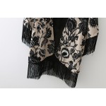Grey Black Vintage Florals Chiffon Long Tassels Kimono Cardigan Outer Wear