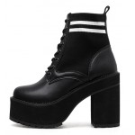 Black Knitted Lace Up Chunky Sole Block High Heels Platforms Boots Shoes