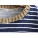 Navy Blue Stripes Elbow Patch Long Sleeve Fleece Sweatshirts Tops