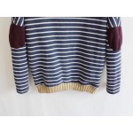 Navy Blue Stripes Elbow Patch Long Sleeve Fleece Sweatshirts Tops
