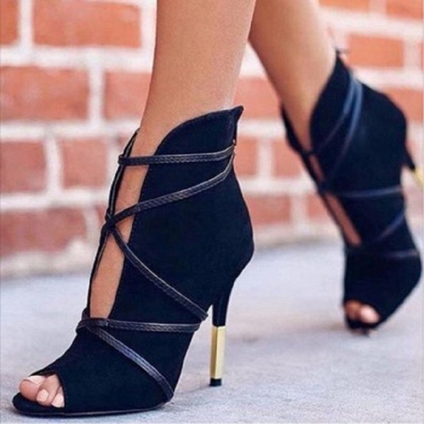 Black Suede Lace Up Peep Toe Strappy Stiletto High Heels Ankle Boots Shoes