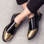 Black Gold Glossy Patent Wingtip Mens Business Loafers Dress Flats Shoes