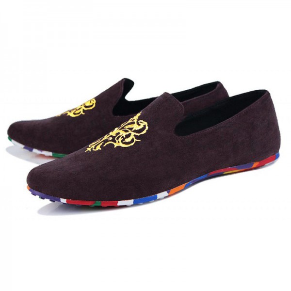 Black Suede Gold Embroidery Rainbow Color Sole Mens Flats Loafers Shoes