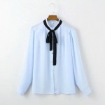 Blue Black Ribbon Bow Vintage Chiffon Long Sleeves Blouse Shirt