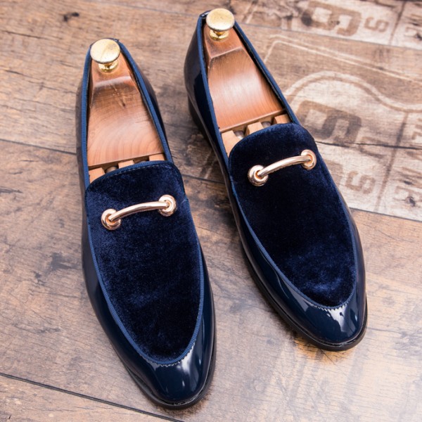 Blue Navy Patent Velvet Gold Mens Flats Loafers Dappermen Dapper Dress Shoes