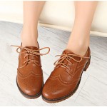 Brown Leather Lace Up Vintage Womens Oxfords Flats Shoes