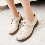 Cream Beige Leather Lace Up Vintage Womens Oxfords Flats Shoes