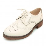 Cream Beige Leather Lace Up Vintage Womens Oxfords Flats Shoes