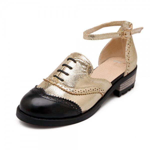 Gold Metallic Ankle Strap Oxfords Women Flats Shoes