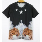 Black Fierce Double Leopards Cheetah Stars Short Sleeves Mens T-Shirt