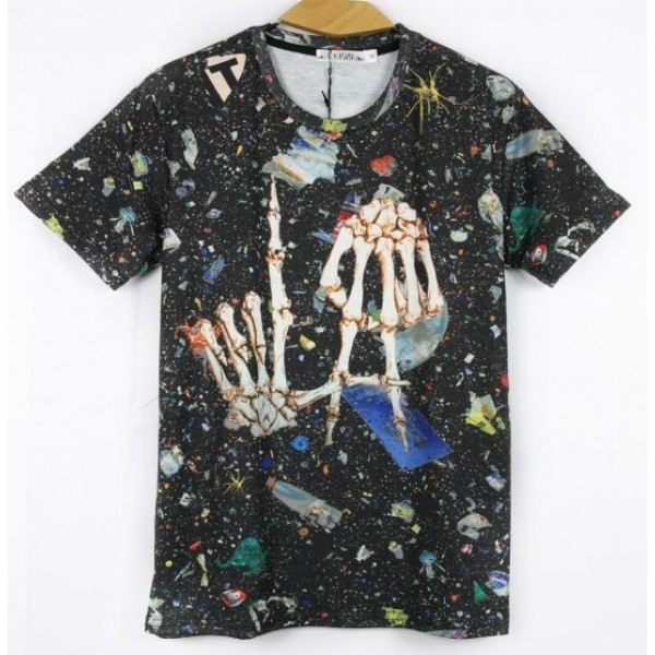 Black Stars Universe Galaxy Skeleton Hands Short Sleeves Mens T-Shirt