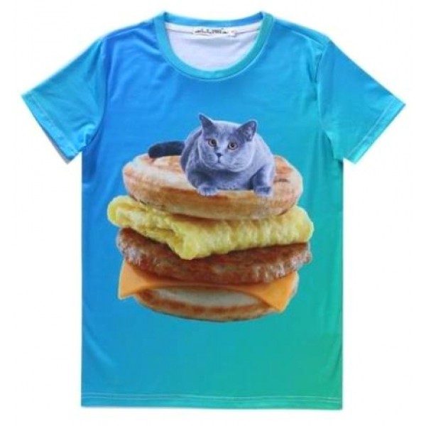 Blue Cat on Egg Muffin Cheeseburger Short Sleeves Mens T-Shirt