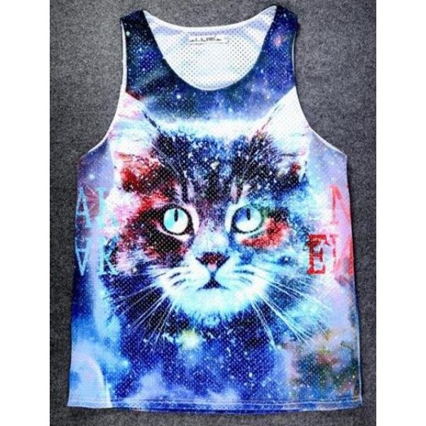 Blue Galaxy Universe Cat Net Sleeveless Mens T-shirt Vest Sports Tank Top