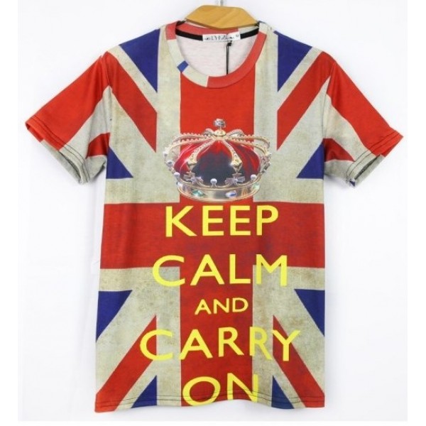 Red Blue UK Flag Jack Union Keep Calm Carry On Short Sleeves Mens T-Shirt