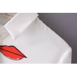White Red Lips Cotton Long Sleeves Boyfriend Blouse Shirt