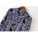 Blue Vintage Totem Retro Pattern Cotton Long Sleeves Blouse Shirt
