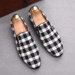 White Black Plaid Checkers Patterned Loafers Flats Dress Shoes