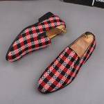 Red Black Plaid Checkers Patterned Loafers Flats Dress Shoes