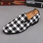 White Black Plaid Checkers Patterned Loafers Flats Dress Shoes