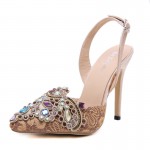 Khaki Diamante Embroidery Point Head Slingback Bridal High Heels Stiletto Sandals Shoes