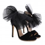 Black Suede Side Giant Flower Evening Gown High Heels Stiletto Sandals Shoes