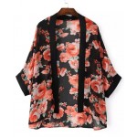 Black Red Vintage Roses Retro Chiffon Kimono Cardigan Outer Wear