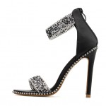 Black Diamantes Ankle Strap Studs Evening Gown High Heels Stiletto Sandals Shoes