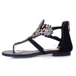 Black Suede Diamonte Rhinestones Fancy Elegant Evening Flats Flip Flop Sandals