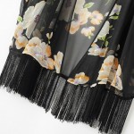 Black Vintages Giant Florals Retro Chiffon Tassels Kimono Cardigan Outer Wear