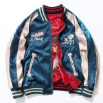 Red Teal Satin Embroidery Reversible Mens Aviator Baseball Yokosuka Bomber Jacket
