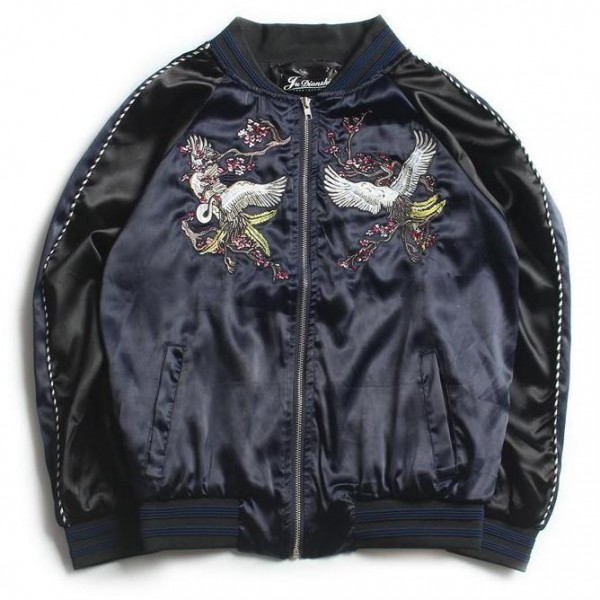 Black Satin Embroidery Mens Aviator Baseball Yokosuka Bomber Jacket