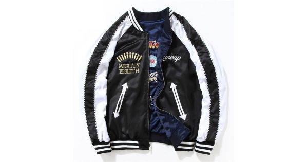 Blue Black Satin Embroidery Reversible Mens Aviator Baseball Yokosuka Bomber  Jacket