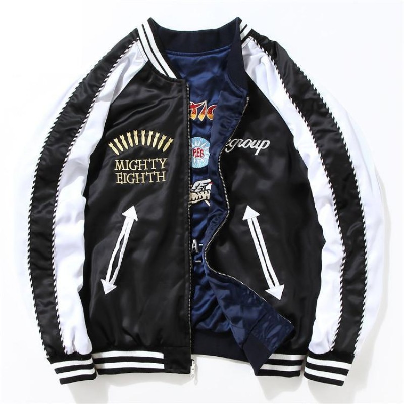 Blue Black Satin Embroidery Reversible Mens Aviator Baseball Yokosuka Bomber  Jacket